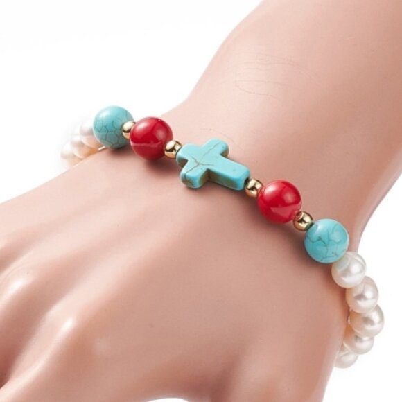 NWOT Cross & Real Mashan Jade & Pearl Beaded Stretch Bracelet, Gemstones - Picture 3 of 5